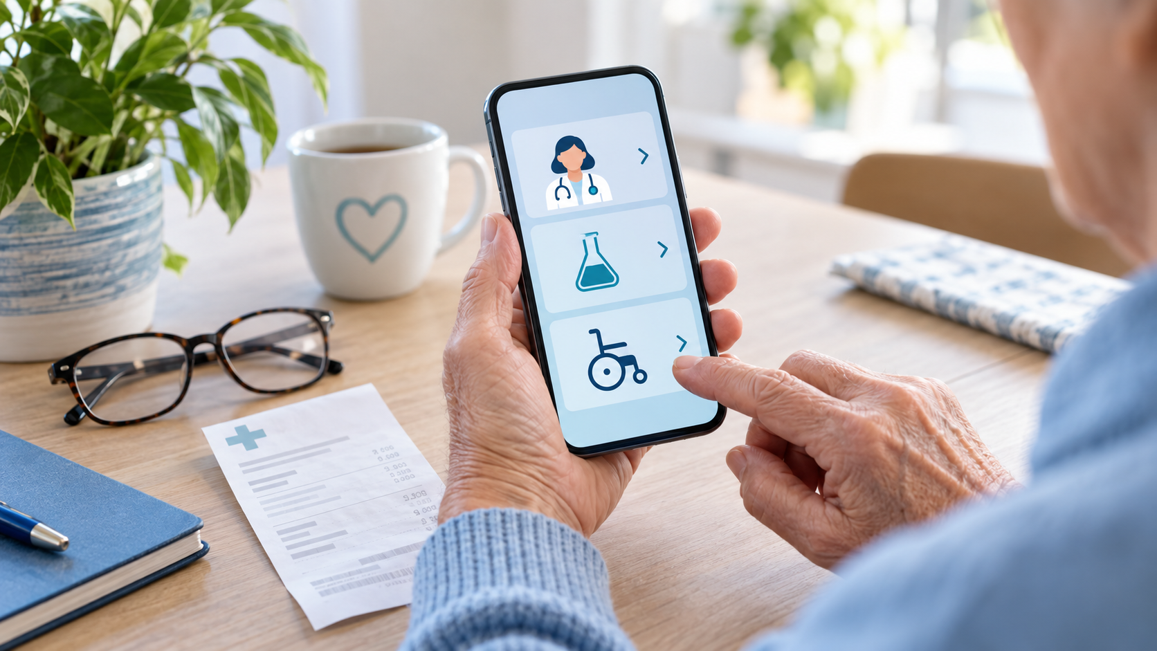 Persona anziana consulta sullo smartphone informazioni su visite, esami e ausili sanitari